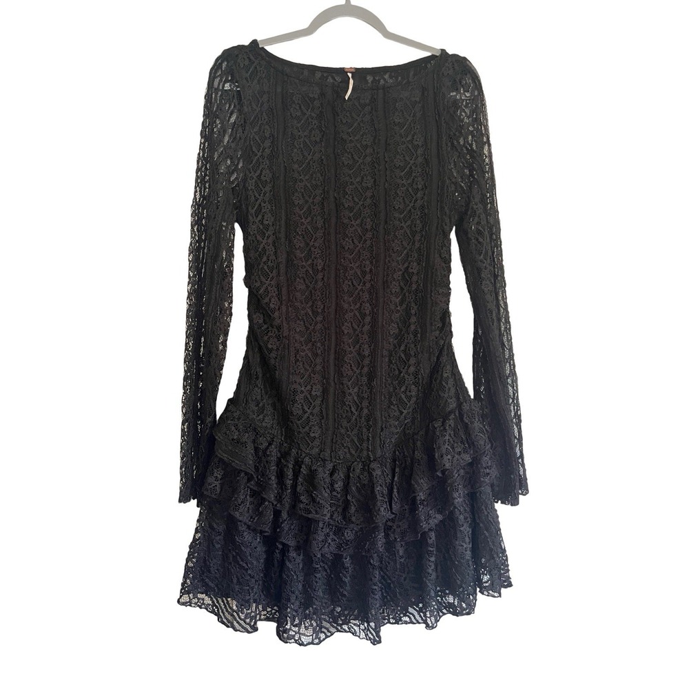 Free People Black Lace Mini Dress Ruffle Hem Long Sleeve Boho Romantic XL New - Picture 2 of 8